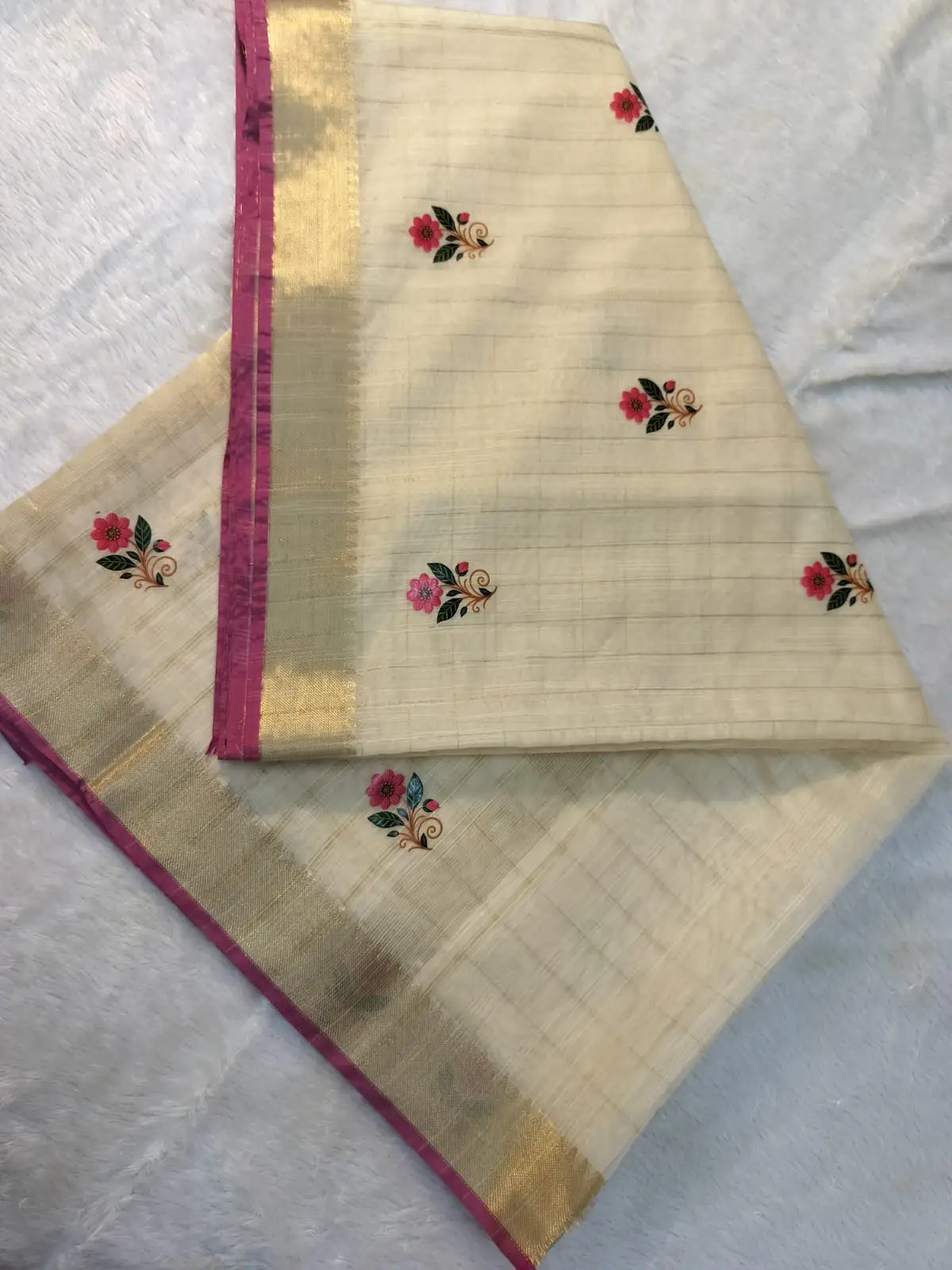 Off-White and Pink Floral Printed Check Cotton Saree
